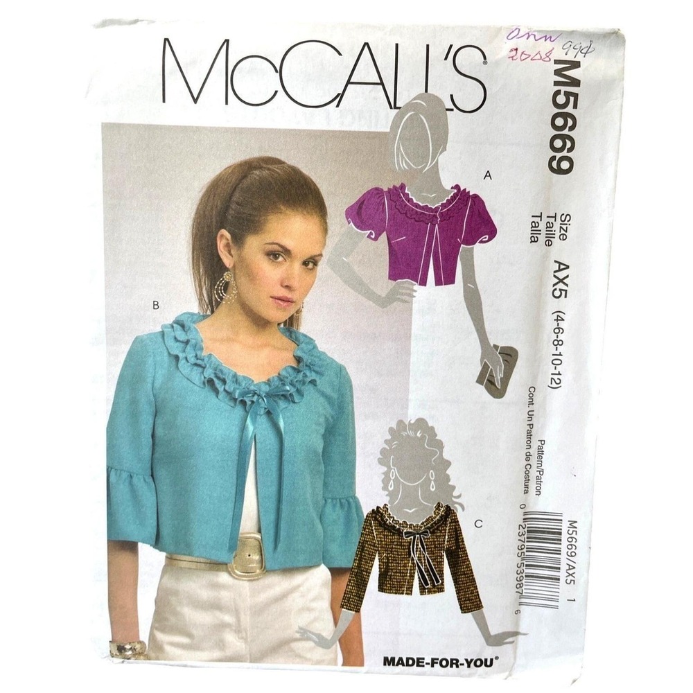 McCall's M5669‎ Jacket Pattern Misses Size 4-12 Cropped